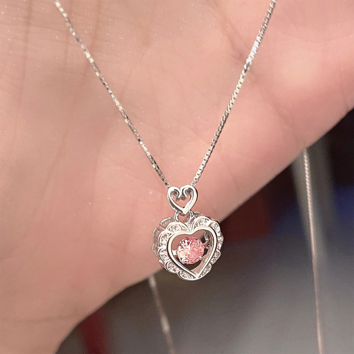 Heart-Shaped Pink Crystal Pendant Necklace