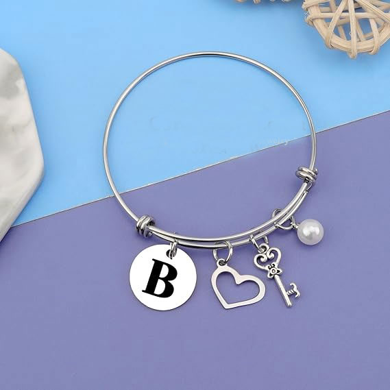 Sterling Silver Charm Bracelet – Custom Initial, Heart, Key & Pearl - SBL064