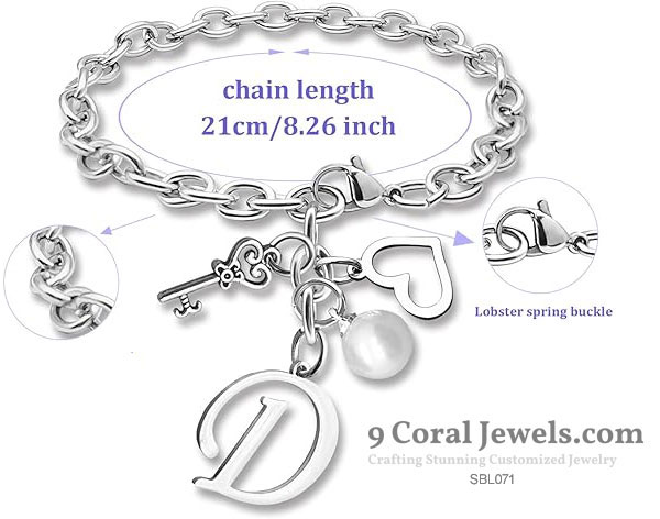 Charm Initial Bracelet with Pearl & Key – 925 Sterling Silver
