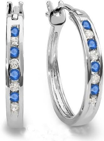 925% Sterling Silver Sapphire and CZ Diamond Hoop Earrings