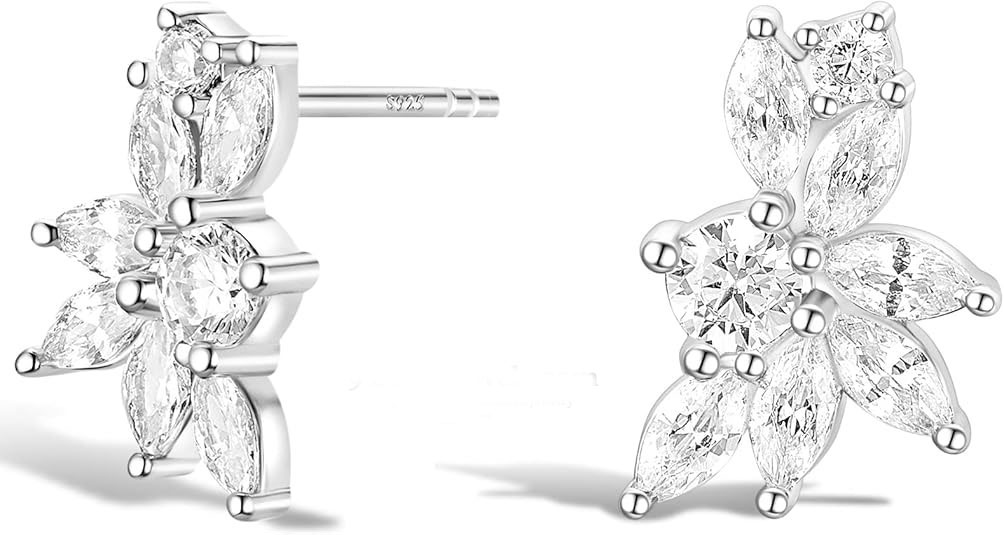 925% Sterling Silver Marquise Cubic Zirconia Cluster Stud Earrings