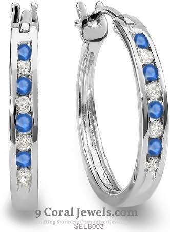 925% Sterling Silver Sapphire and CZ Diamond Hoop Earrings
