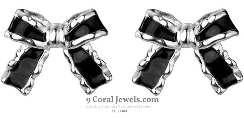 925% Sterling Silver Black Bow Earrings