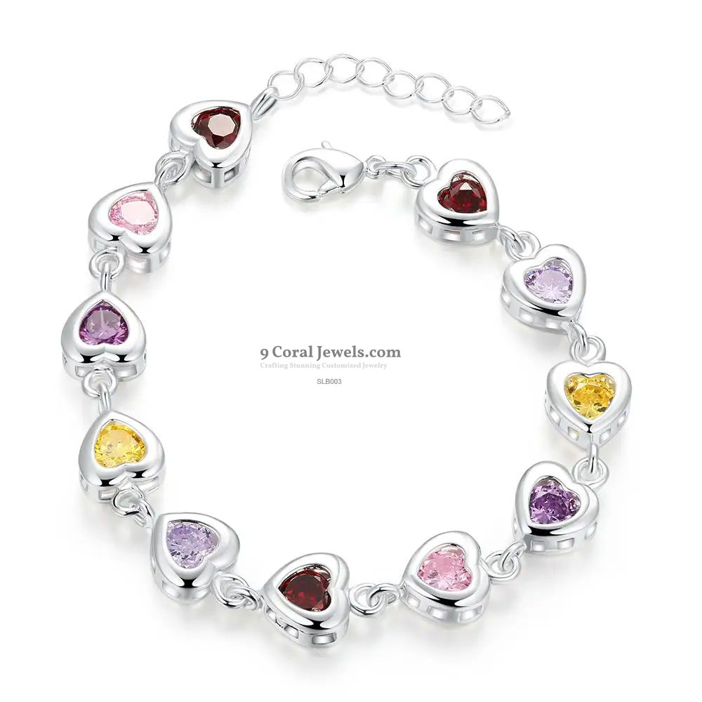 925% Sterling Silver Heart-Shaped Multicolor Gemstone Bracelet