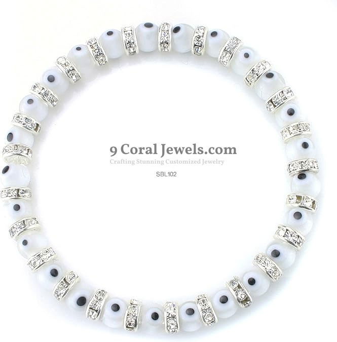 White Evil Eye Beaded Stretch Bracelet with CZ Spacers