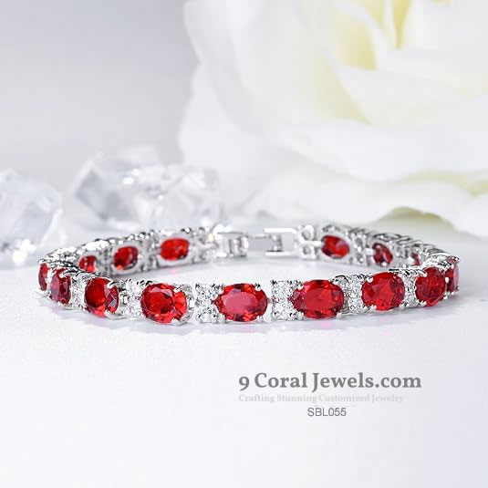 925 Sterling Silver Red Oval CZ Tennis Bracelet