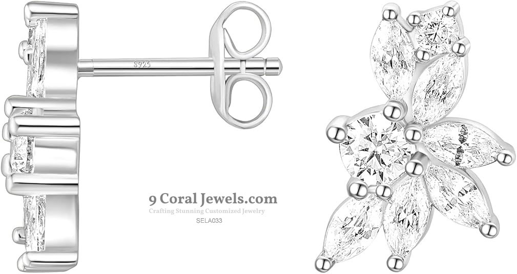 925% Sterling Silver Marquise Cubic Zirconia Cluster Stud Earrings