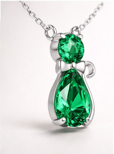 925% Sterling Silver Emerald Cat Pendant Necklace
