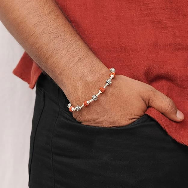 Handcrafted Silver and Rudraksha Bead Bracelet