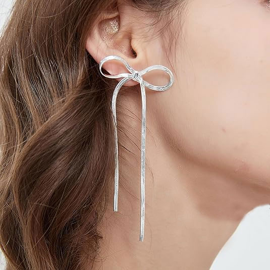Silver Bow Tie Drop Earrings