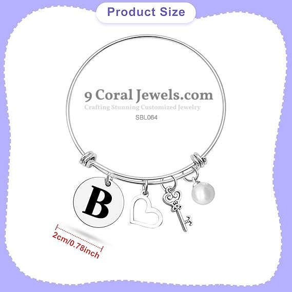 Sterling Silver Charm Bracelet – Custom Initial, Heart, Key & Pearl - SBL064