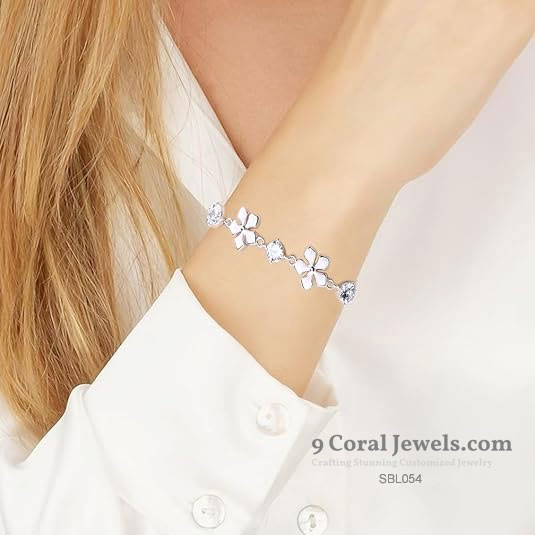925 Sterling Silver Pink Enamel Flower & CZ Bracelet