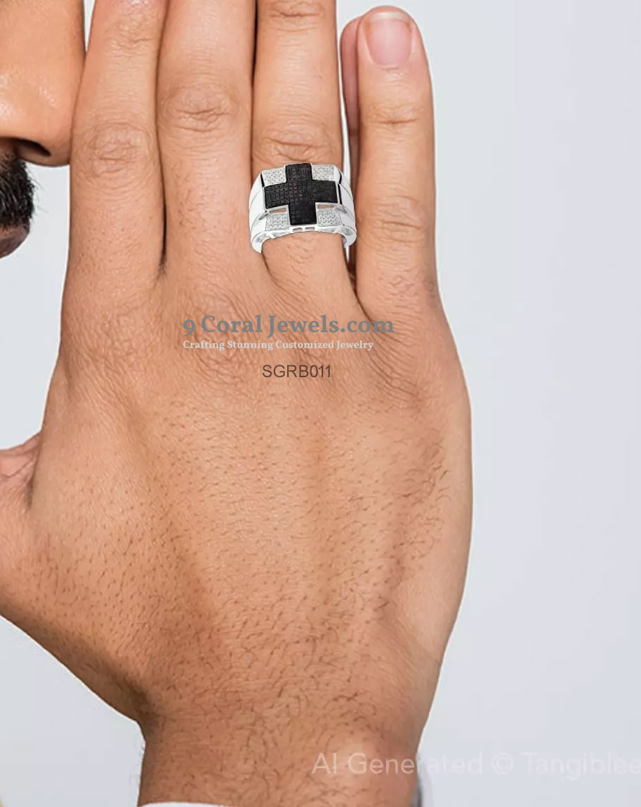 Men's Silver Ring with Black Cross