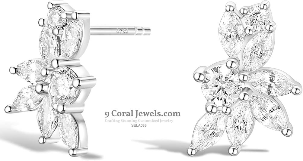 925% Sterling Silver Marquise Cubic Zirconia Cluster Stud Earrings