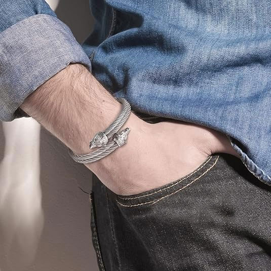 Silver Twisted Cable Wolf Head Bracelet