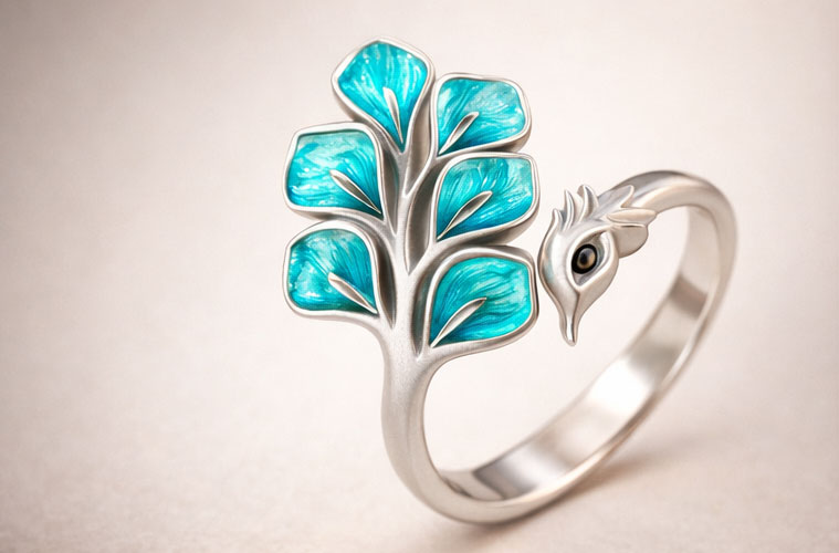 Peacock-Inspired Enamel Silver Ring