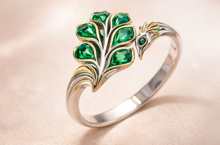 925% Sterling Silver Peacock Emerald Ring