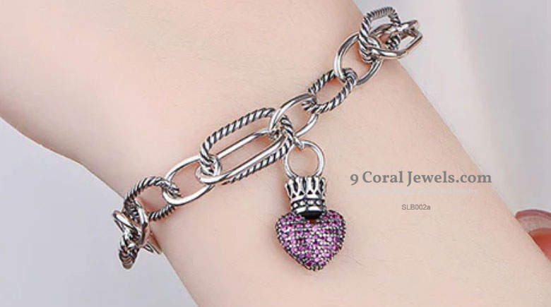 925% Sterling Silver  Heart Charm Bracelet