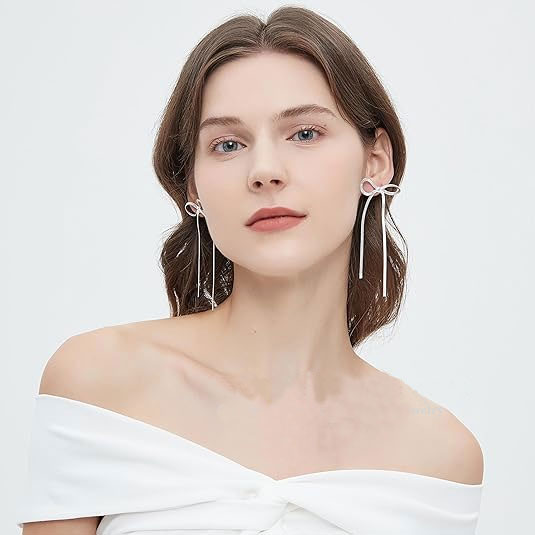 Silver Bow Tie Drop Earrings