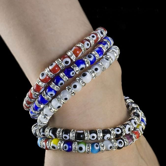 White Evil Eye Beaded Stretch Bracelet with CZ Spacers