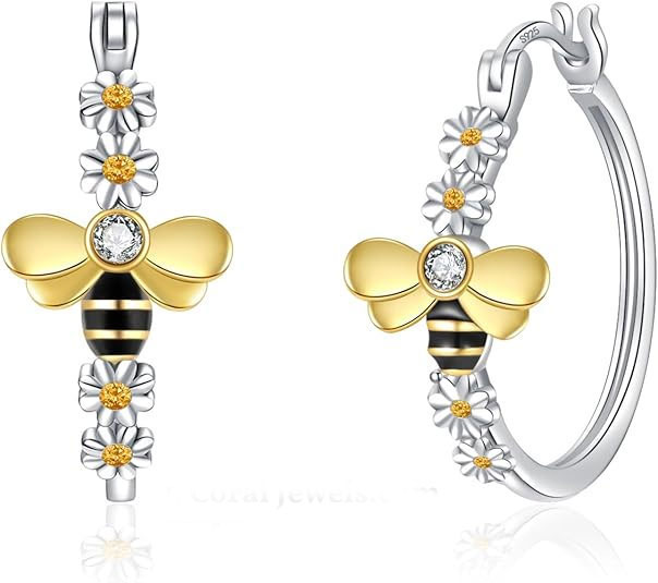 925% Sterling Silver Bee and Flower Hoop Earrings