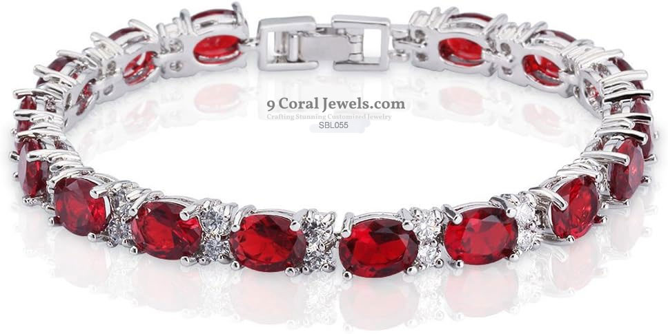 925 Sterling Silver Red Oval CZ Tennis Bracelet