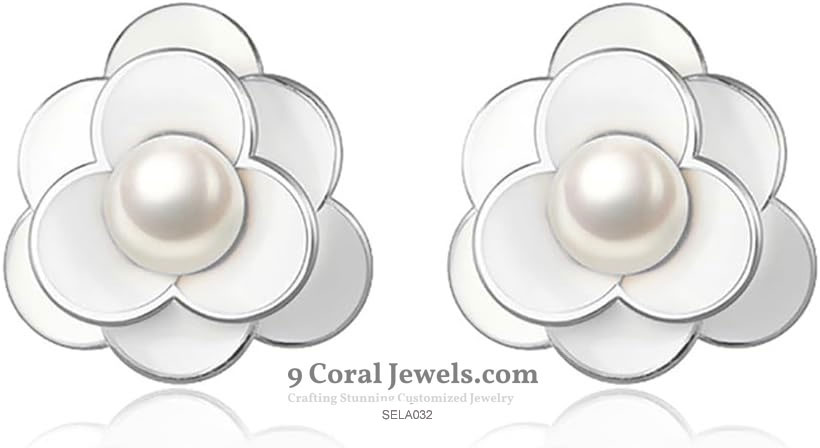 925% Sterling Silver White Flower Pearl Earrings