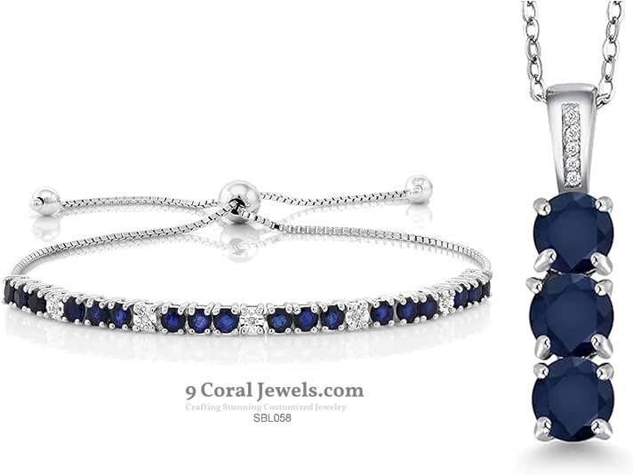 925 Sterling Silver Blue & White CZ Bracelet and Pendant Set - SBL058