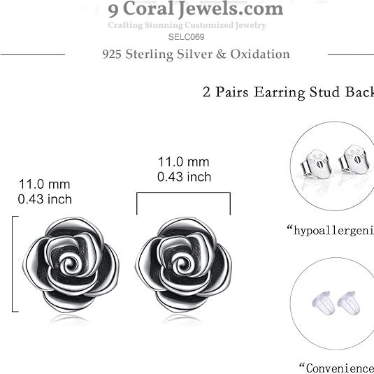 925% Sterling Silver Rose-shaped Earrings
