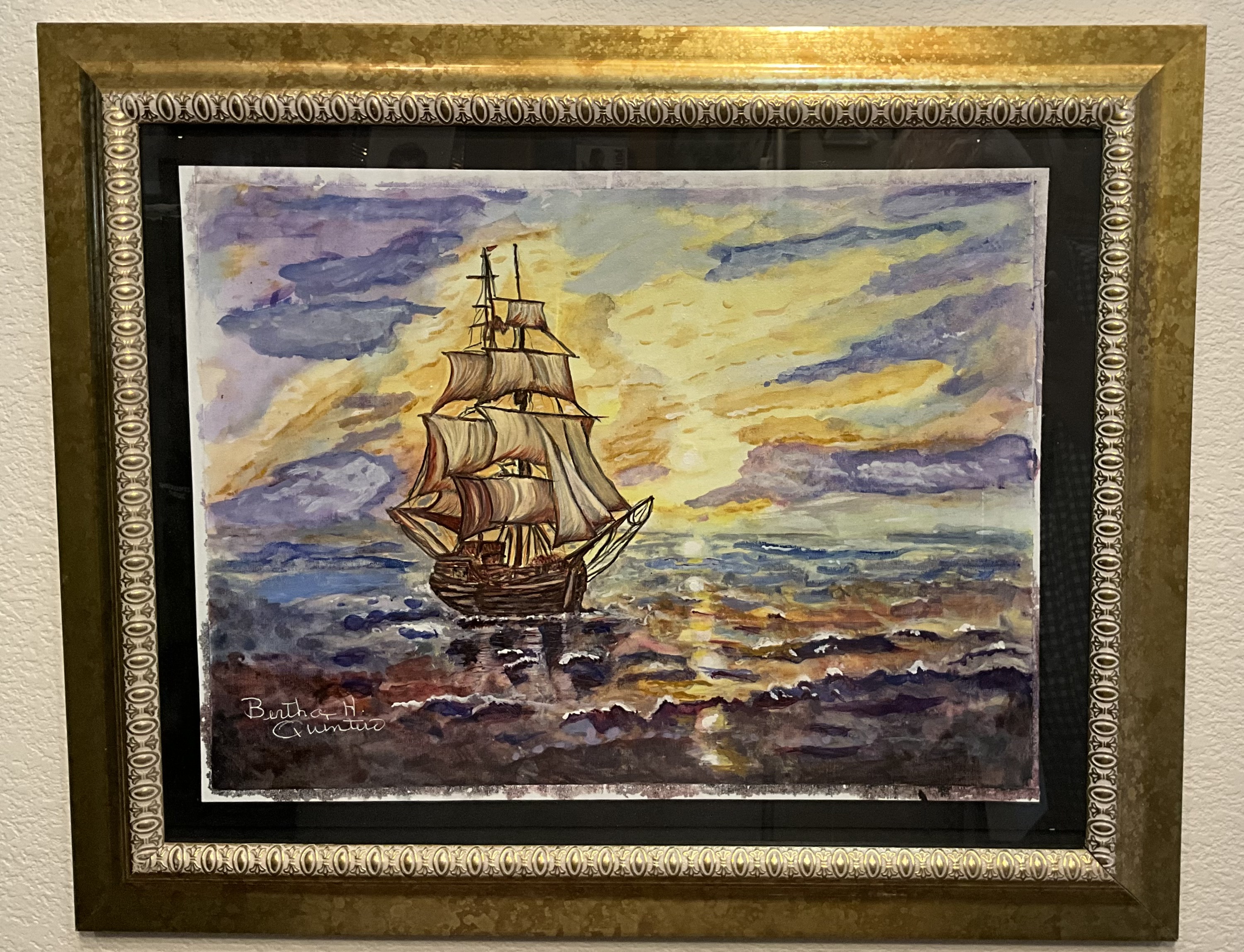 Framed Sailboat Watercolor Painting