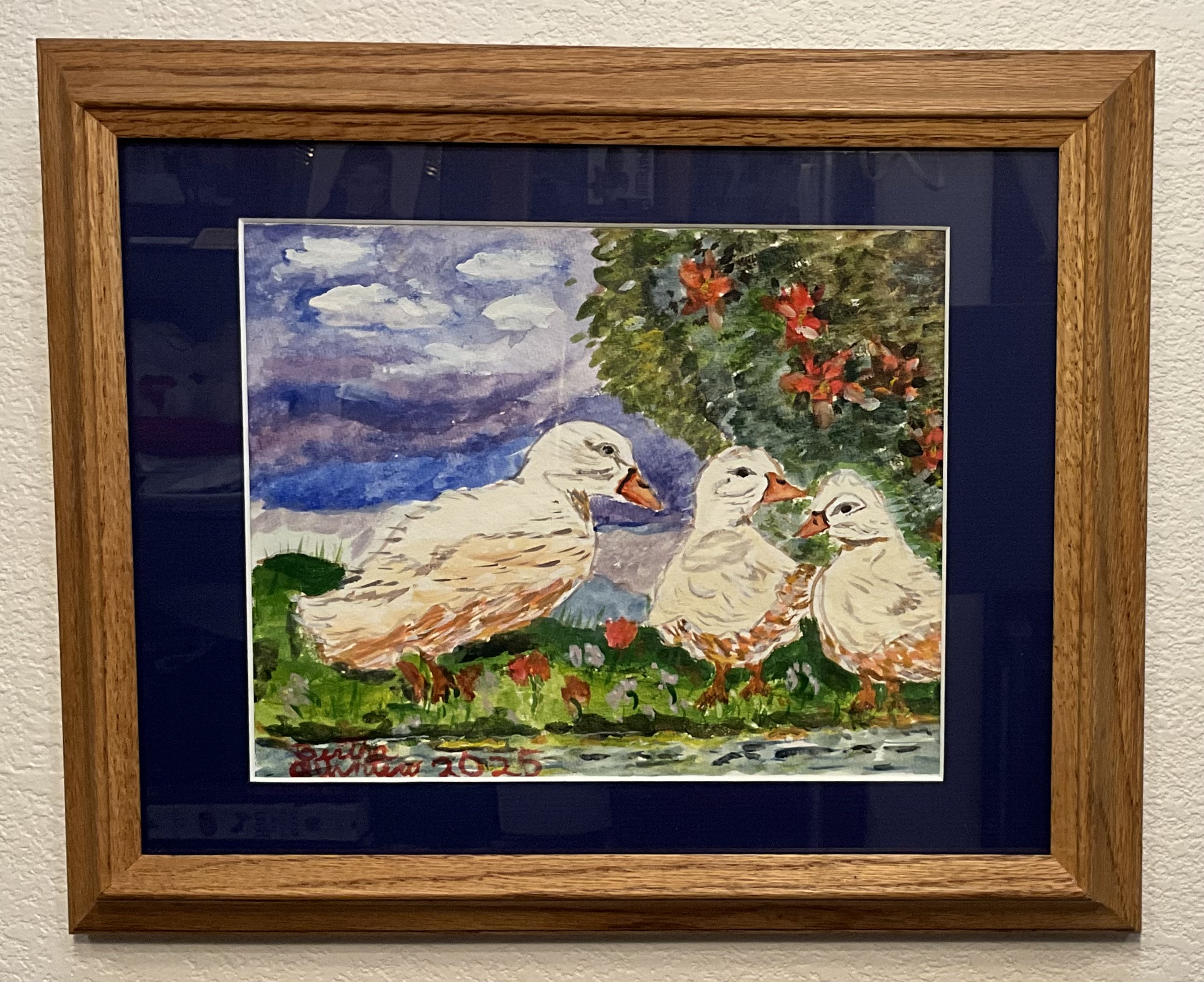 Framed Watercolor Ducklings Painting