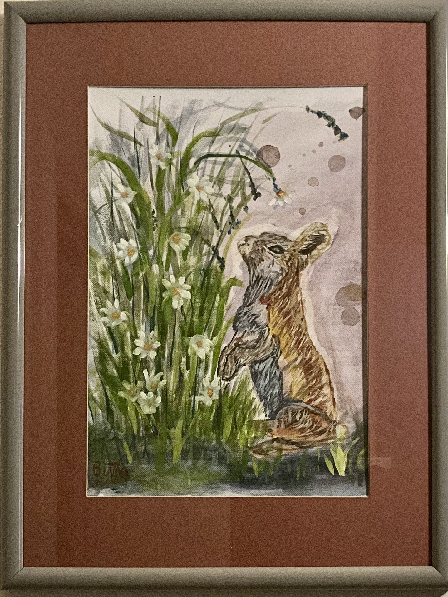 Framed watercolor painting of a rabbit
