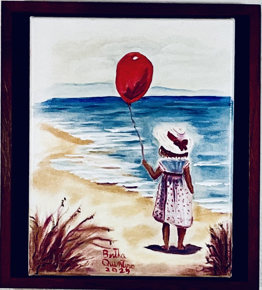 Girl with Red Balloon by the Sea Painting