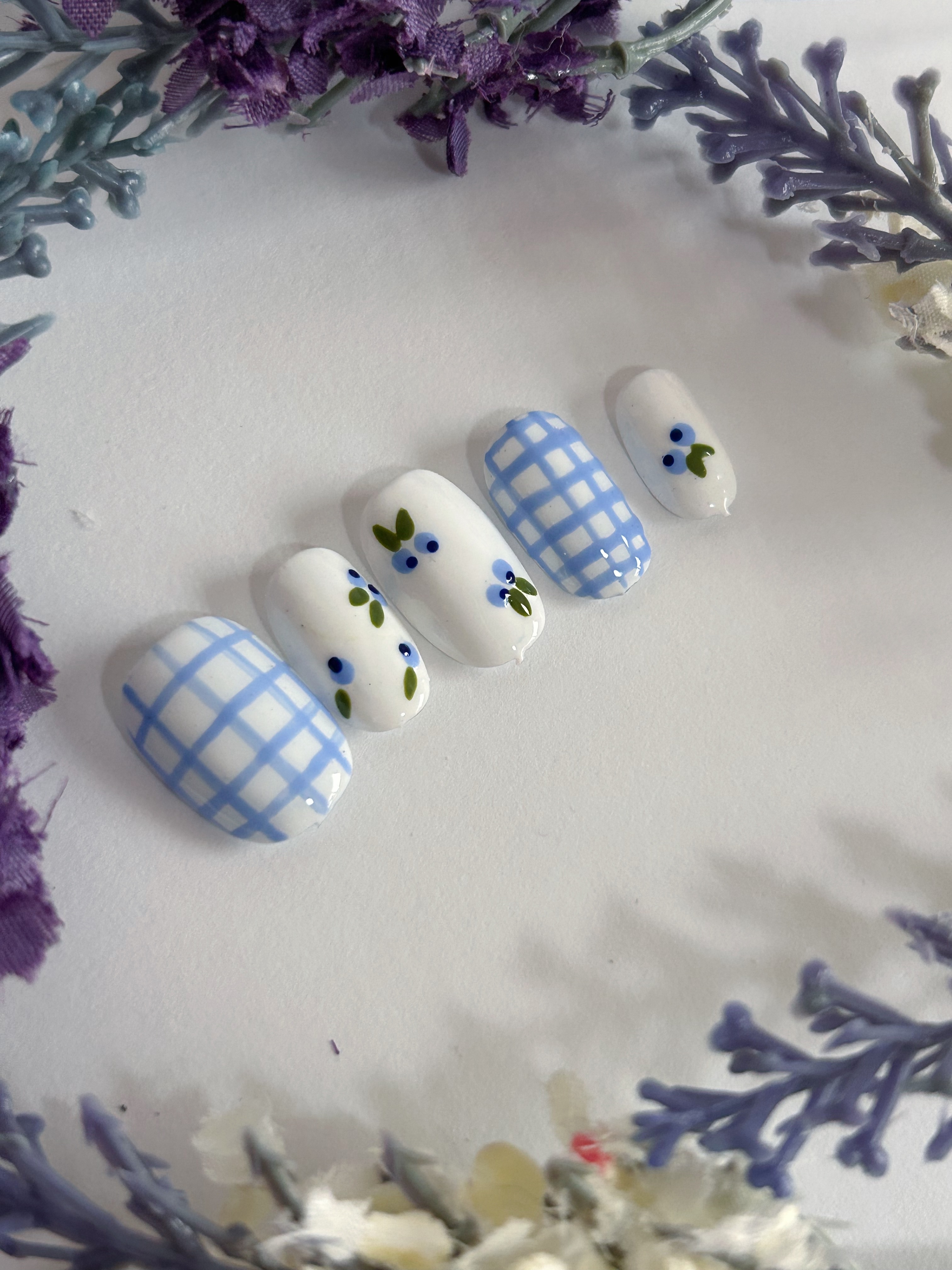 Blue Gingham & Floral Press-On Nails