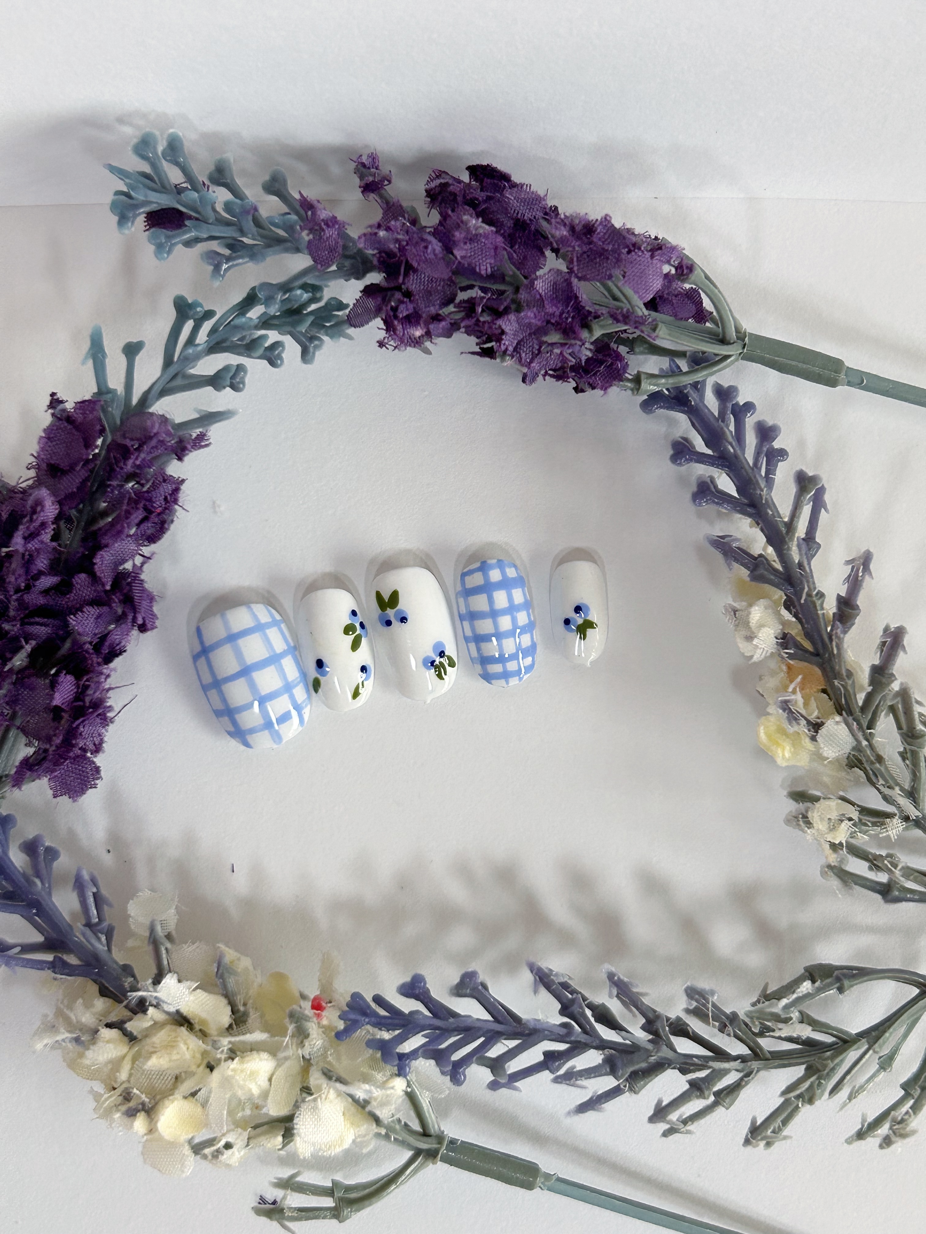 Blue Gingham & Floral Press-On Nails