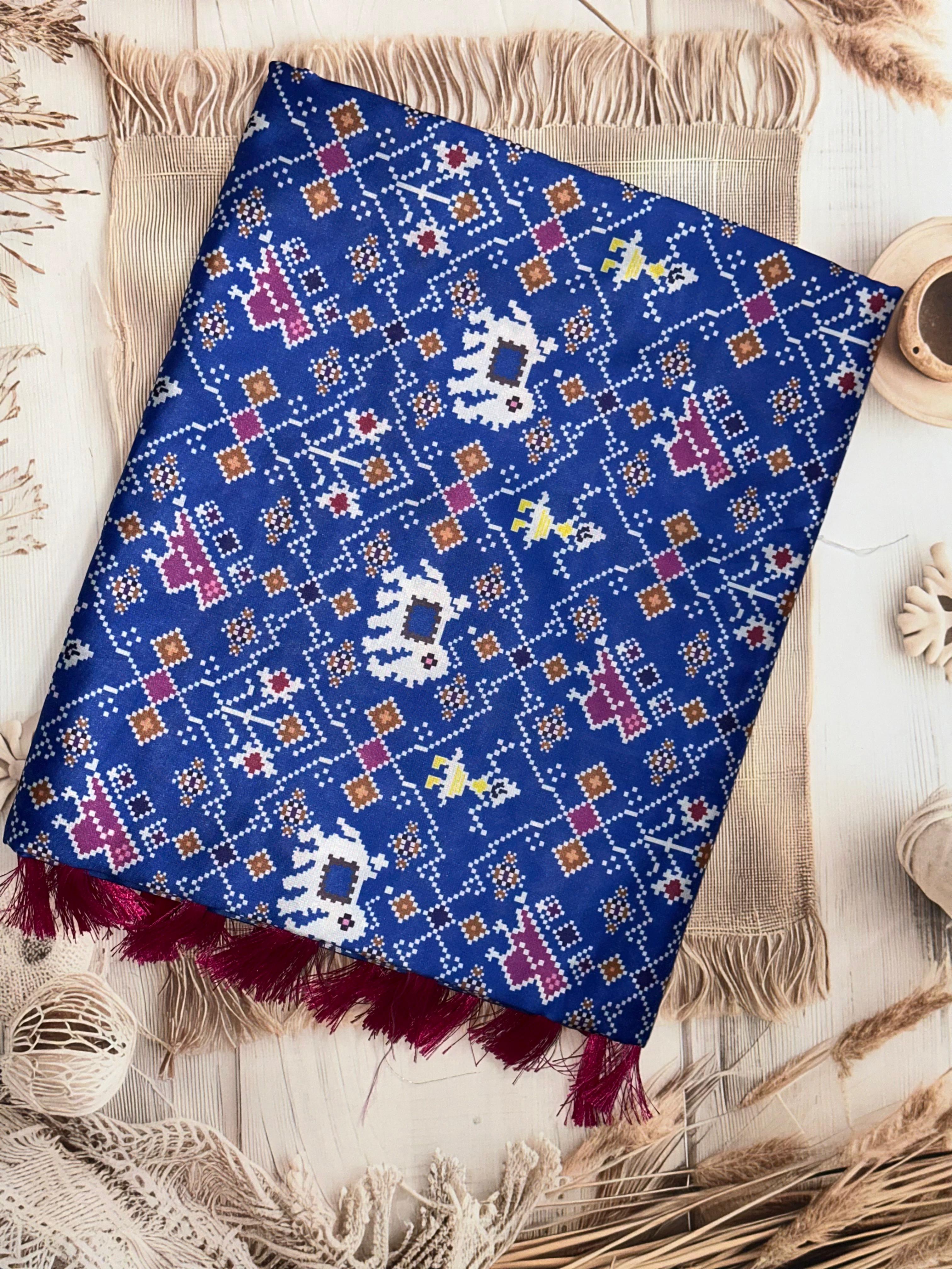 Royal Blue Patola Digital Print Saree | Unstitched