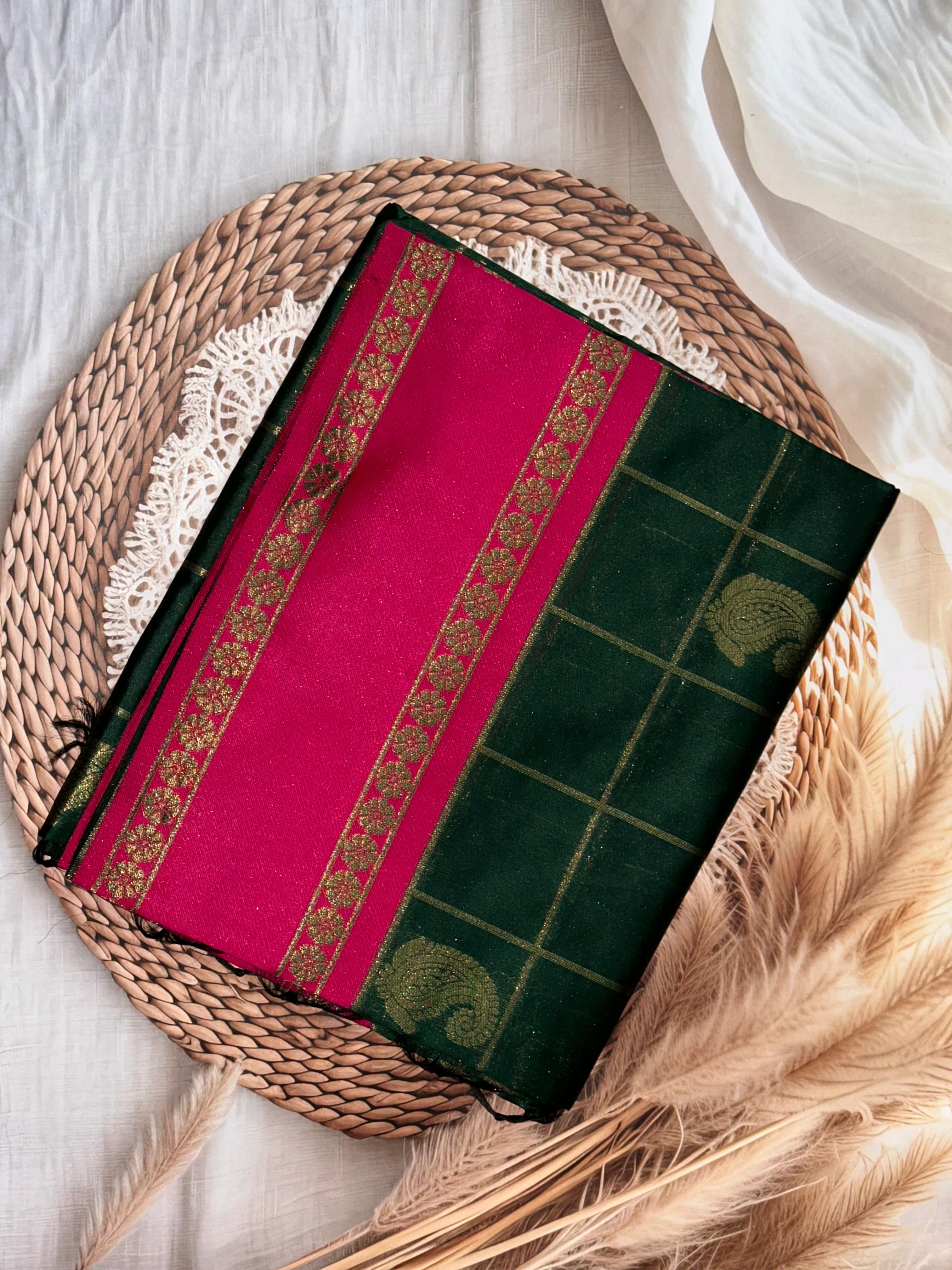 Intricate Paisley Silk Saree With Radiant Pink Pallu | Unstitched | Green