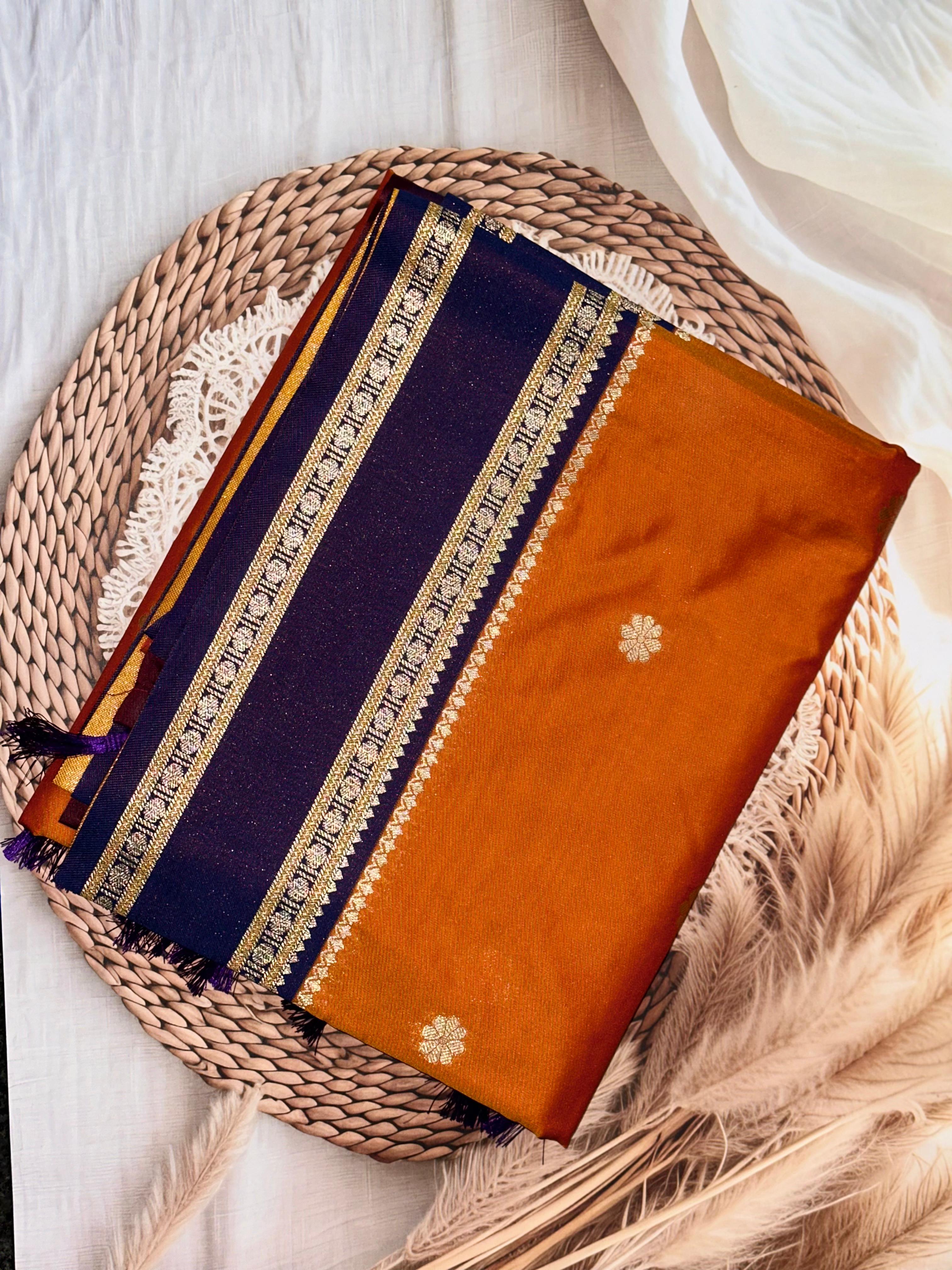 Navy Blue Soft Silk Floral Butta Saree | Unstitched | Navy Blue