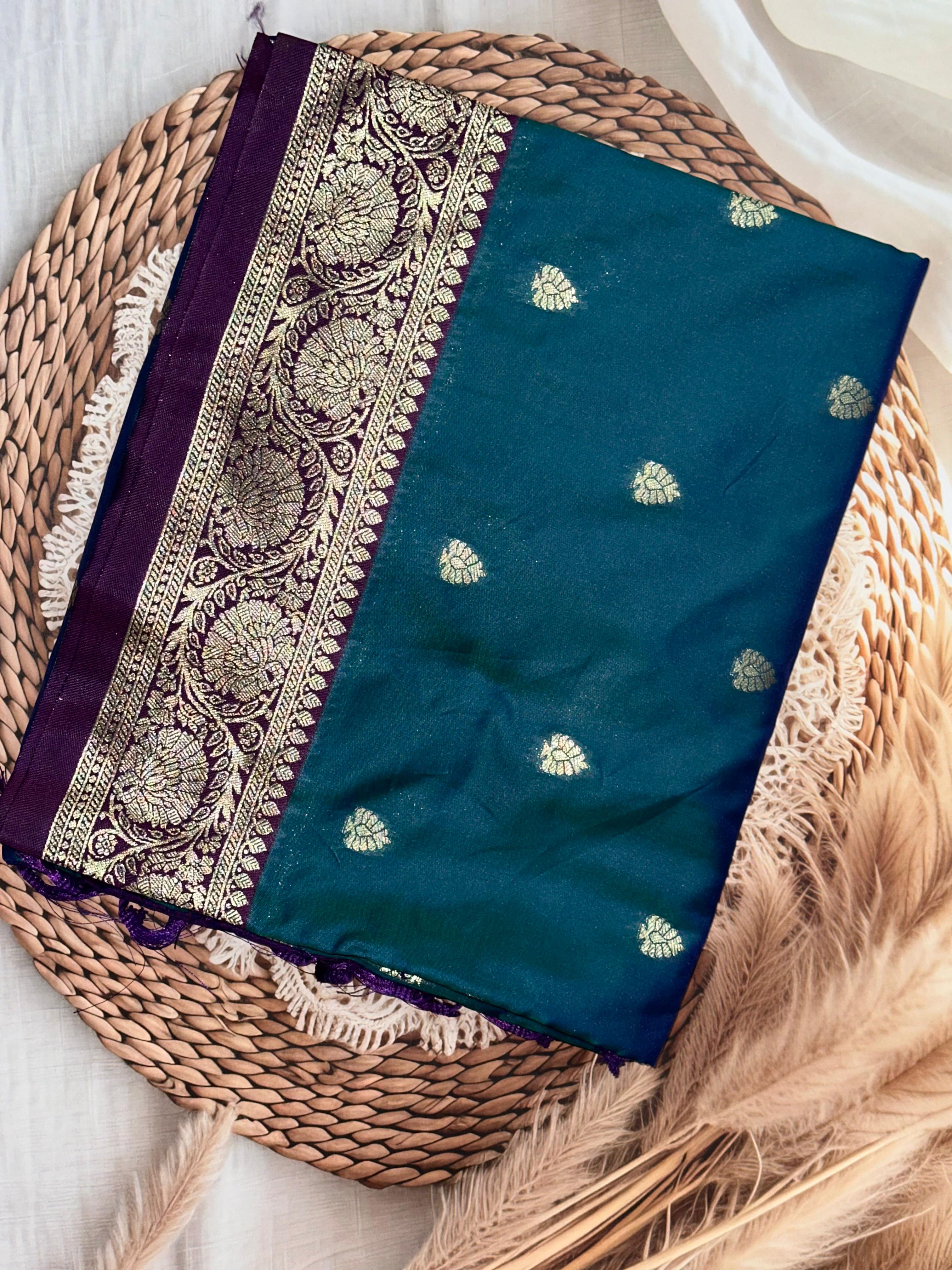 Teal Blue Soft Silk Feather Saree | Unstitched | Blue