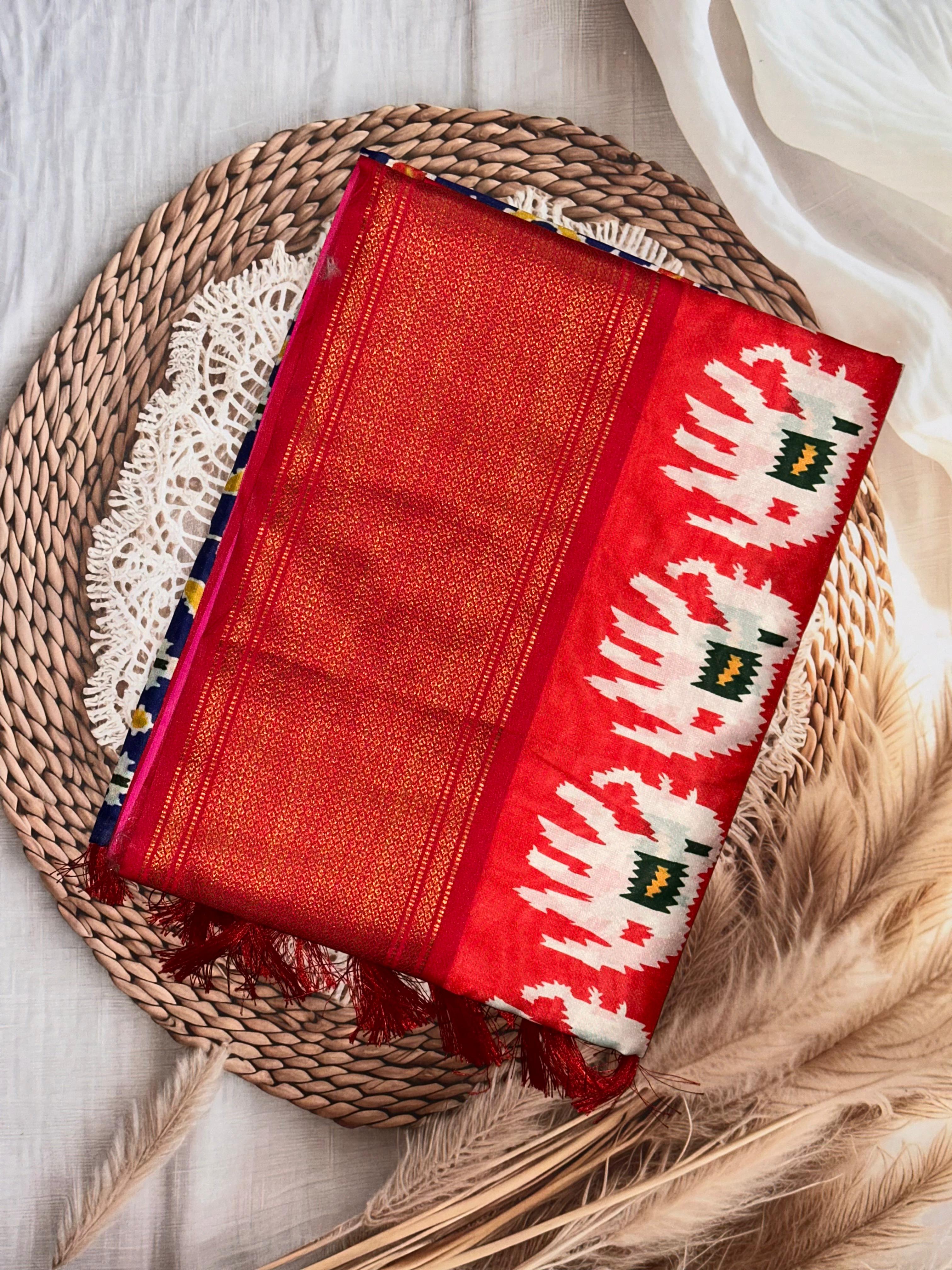 Blue Soft Silk Patola Radiance Saree | Unstitched | Blue