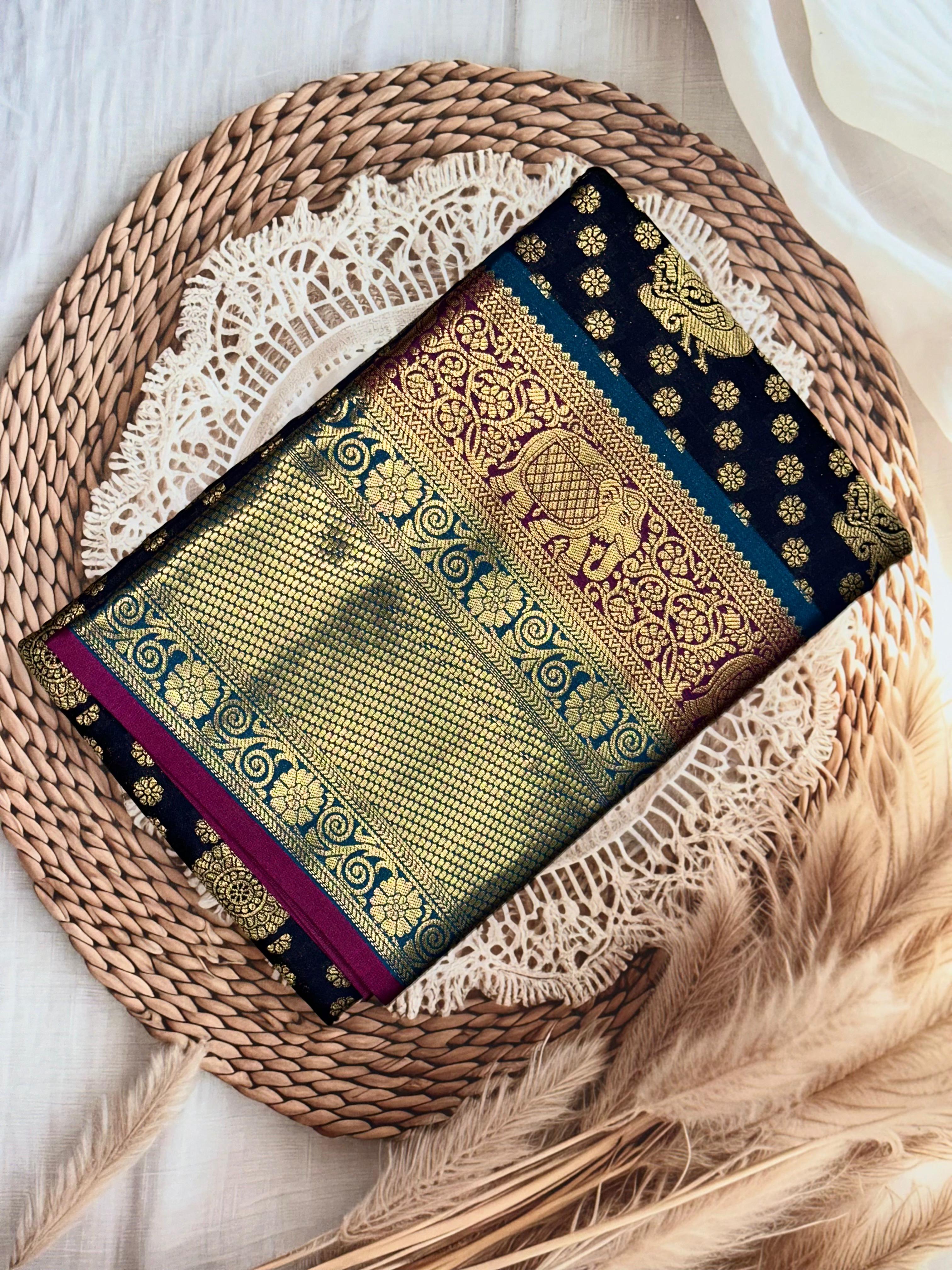 Regal Radiance Banarasi Polka Zari Saree | Unstitched | Navy