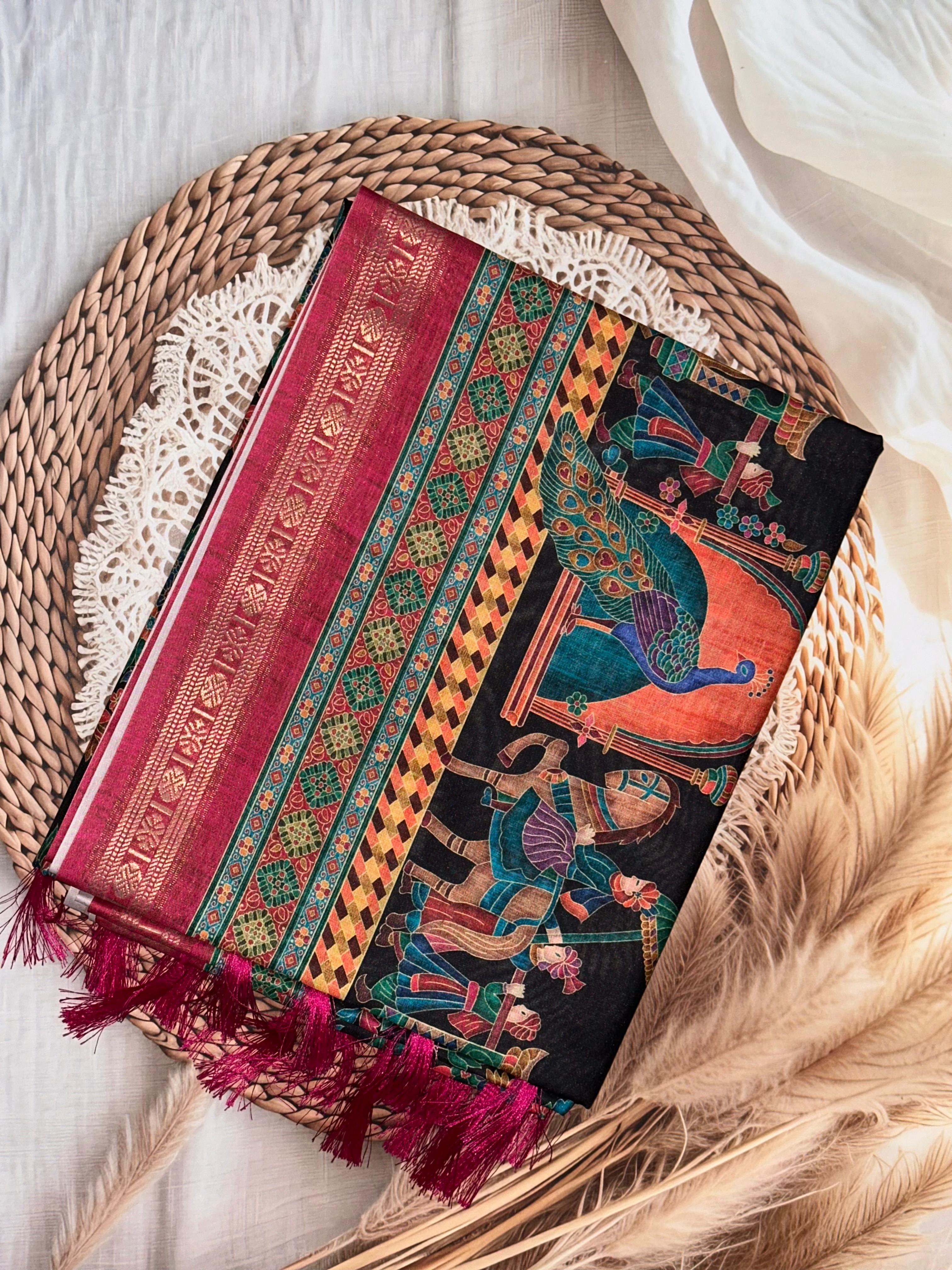 Black Soft Silk Pashmina Kashmiri Print silk