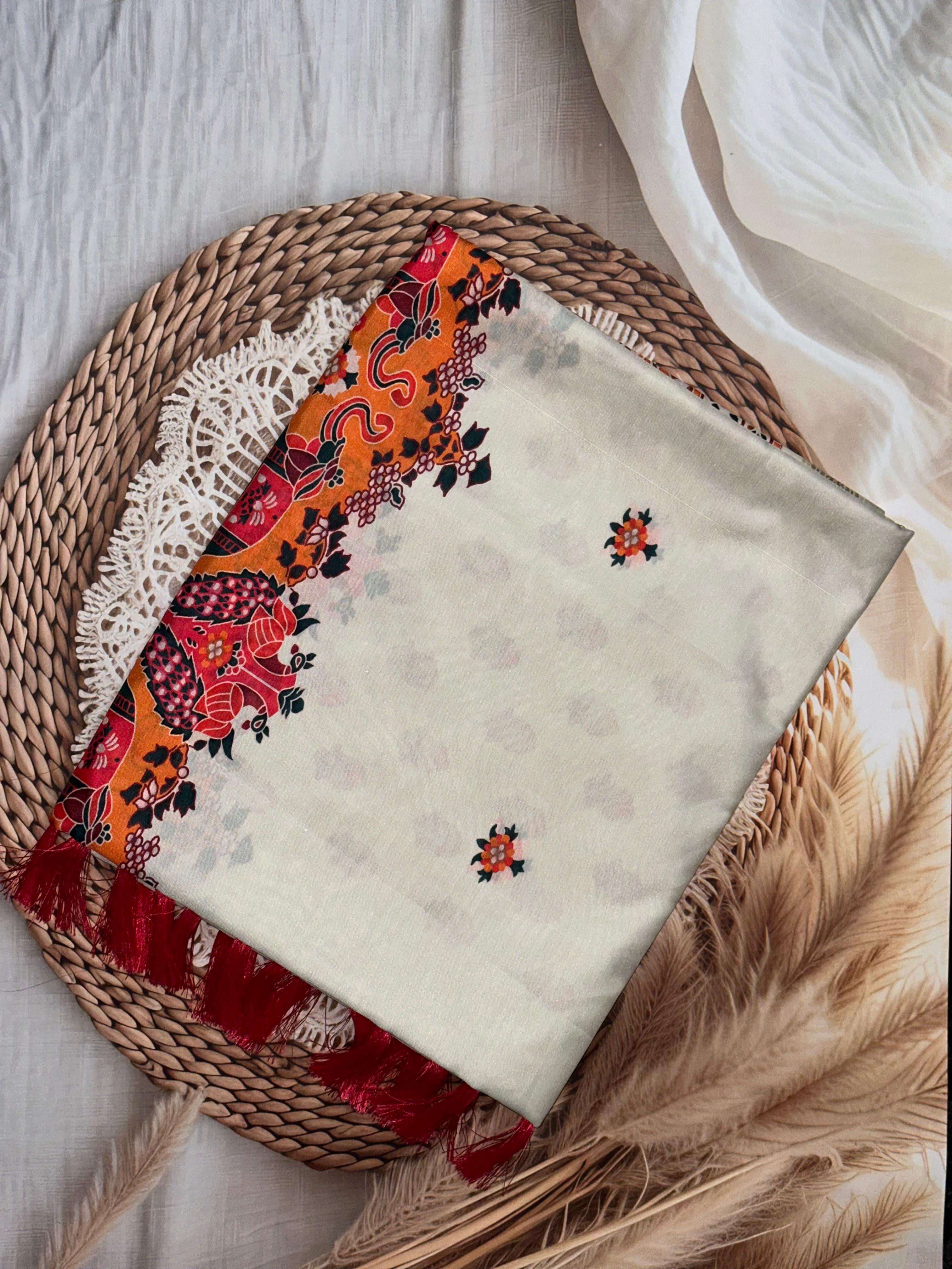 White Soft Silk Pashmina Kashmiri Print Saree | Unstitched | White