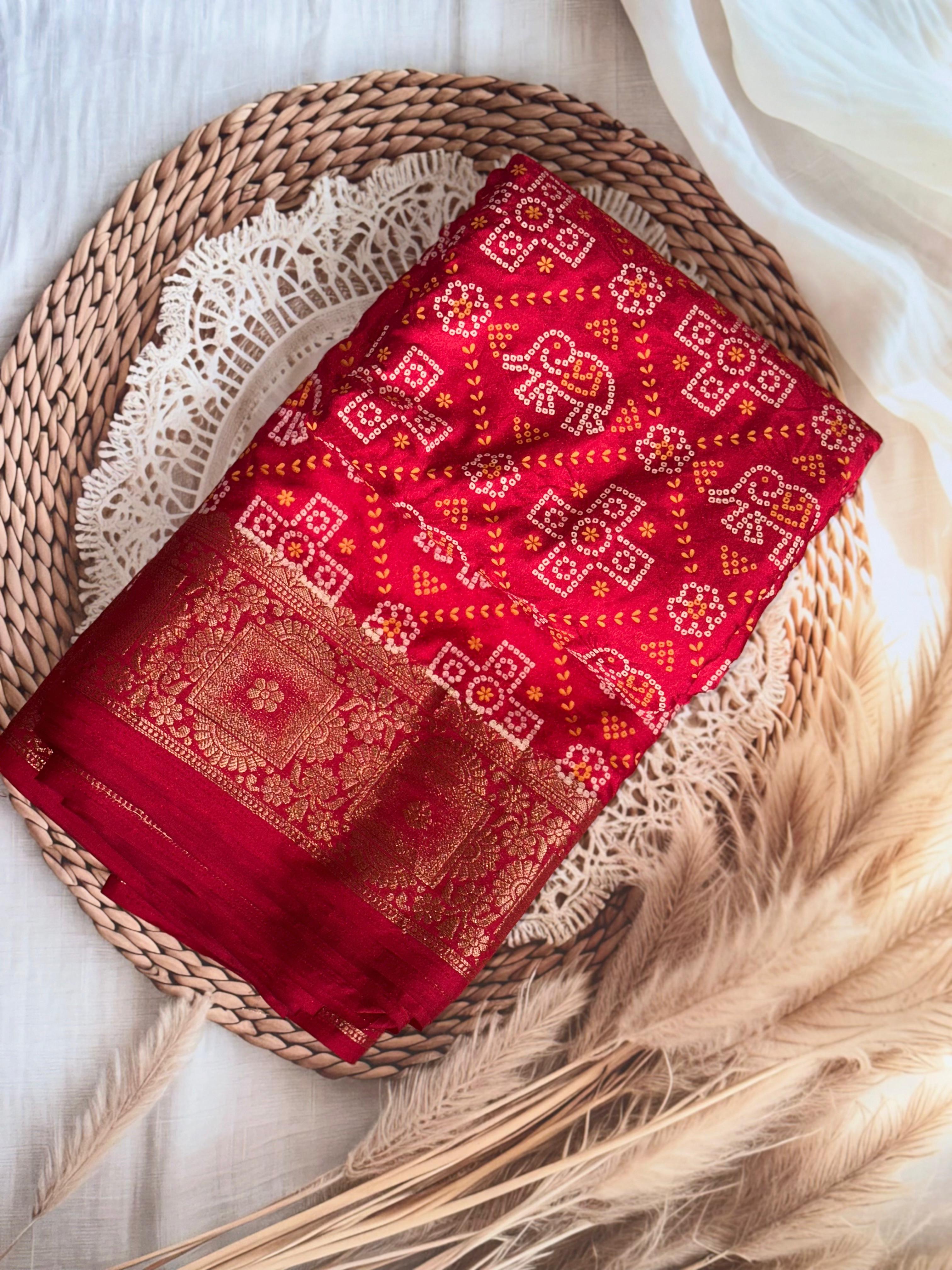 Red Satin Silk Bandhej Saree with Zari weaving border & Pallu