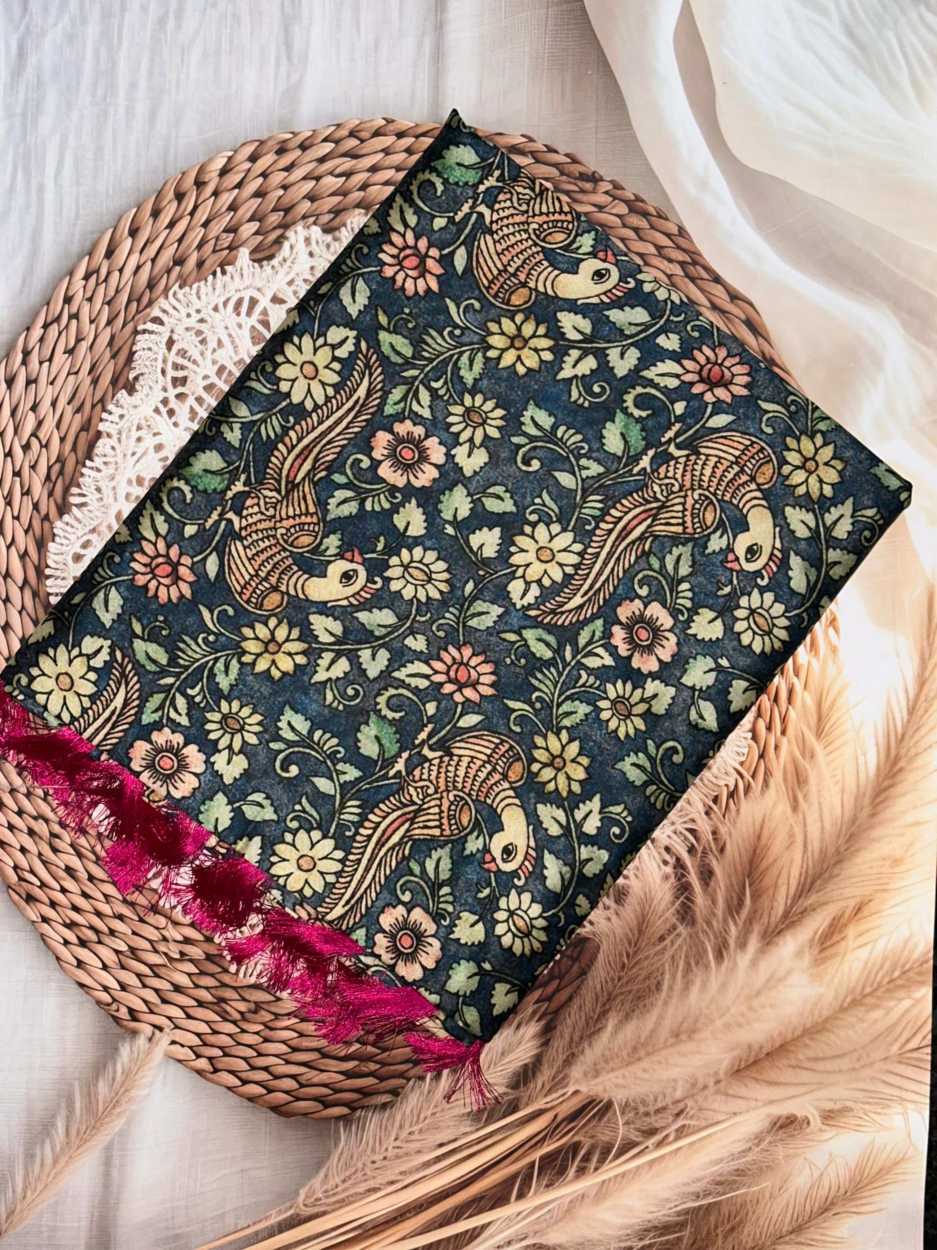 Kalamkari Floral Print Gamthi Soft Silk Saree | Unstitched | Teal