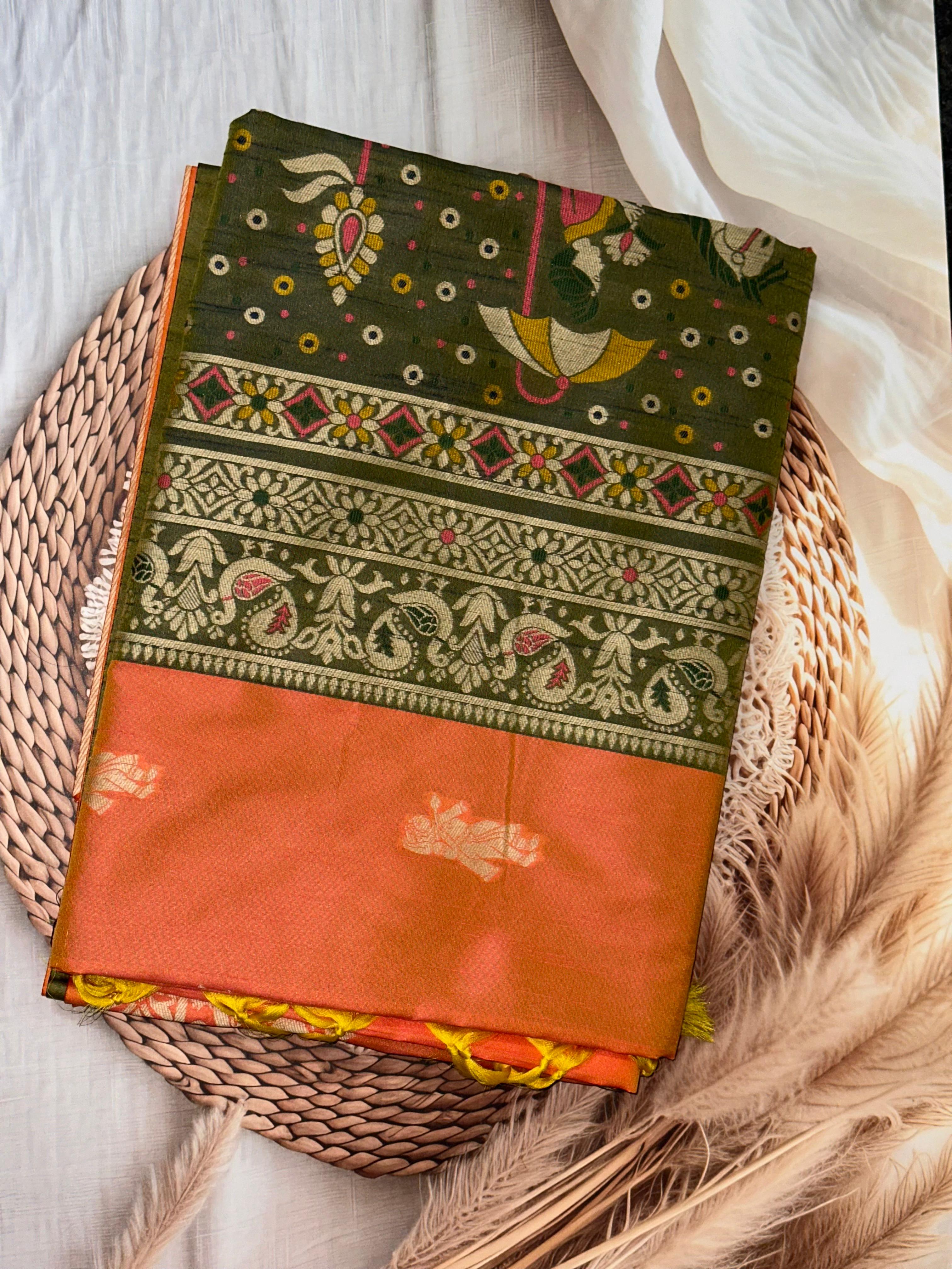 Peach color soft raw silk saree with woven design