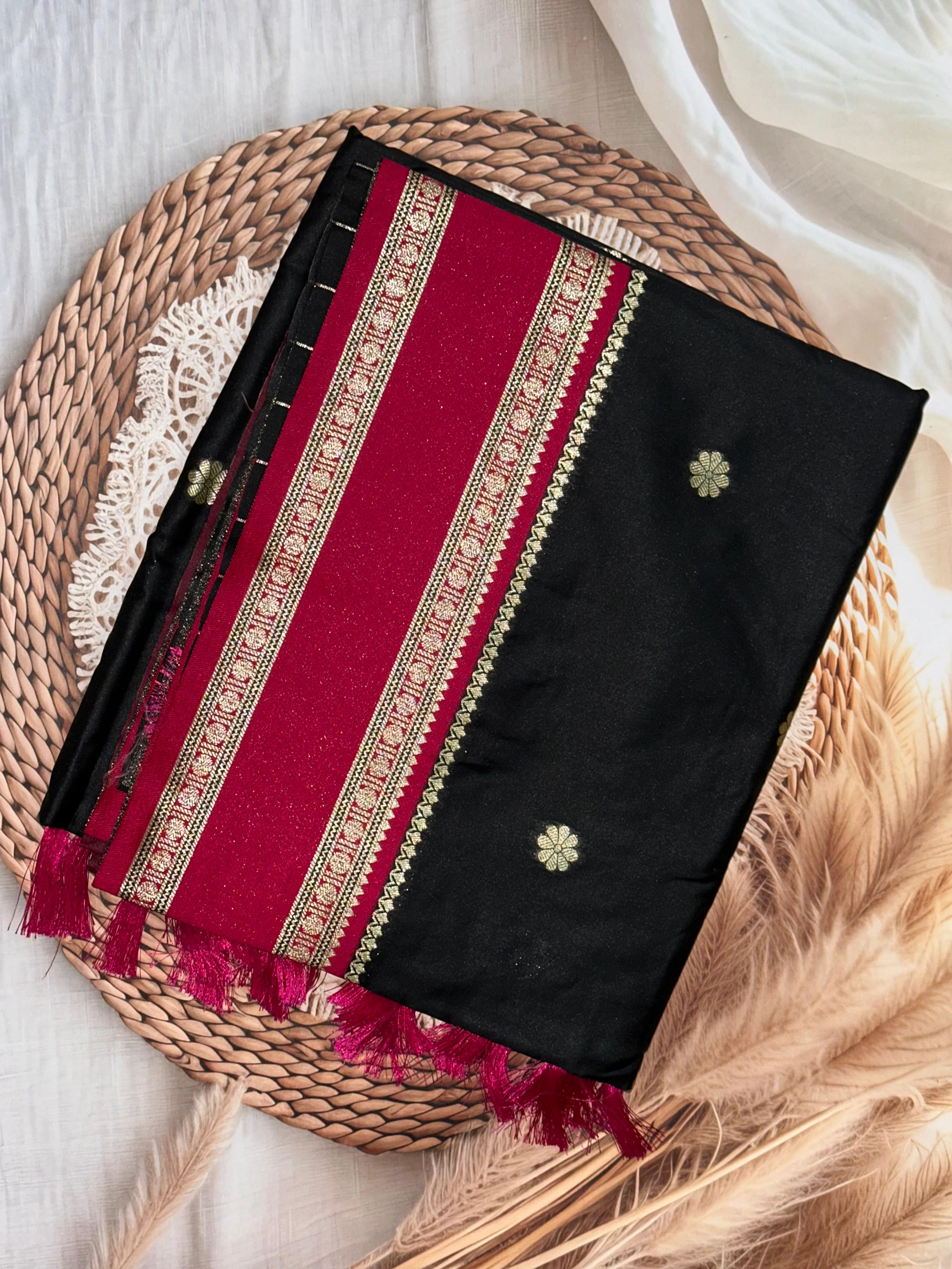 Raven Black Soft Silk Floral Butta Saree | Unstitched | Black