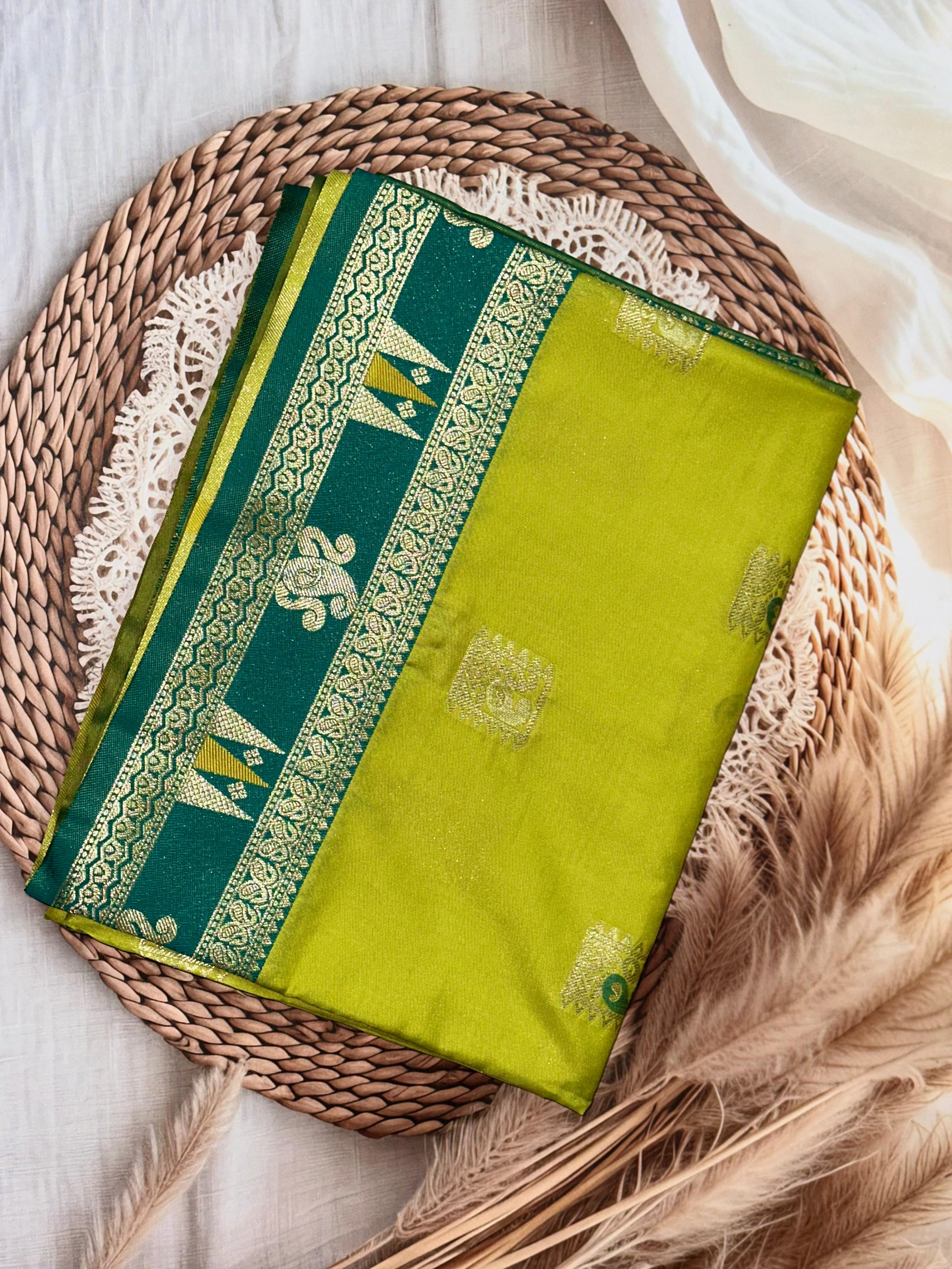 Lime Green Soft Silk Kanjivaram Saree | Unstitched | Lime Green
