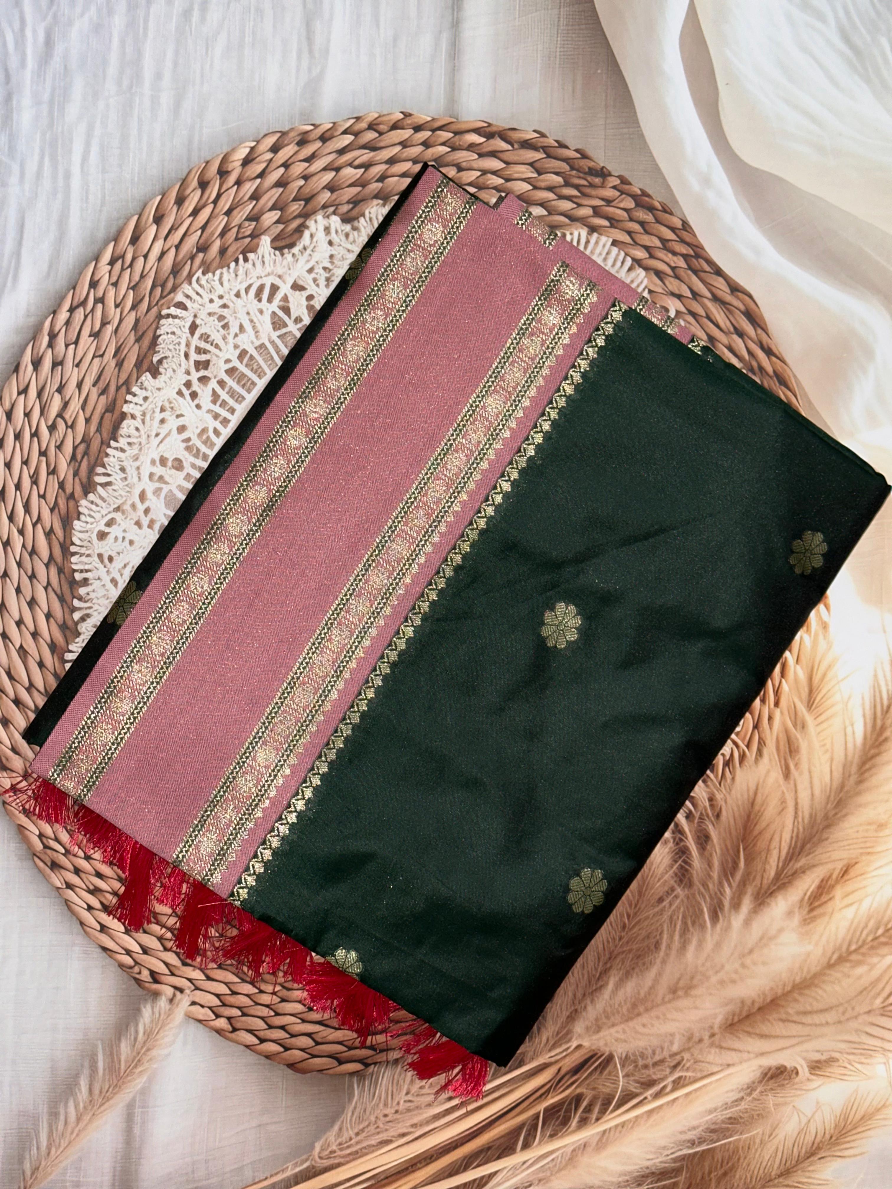 Bottle Green Soft Silk Floral Butta Saree | Unstitched | Green