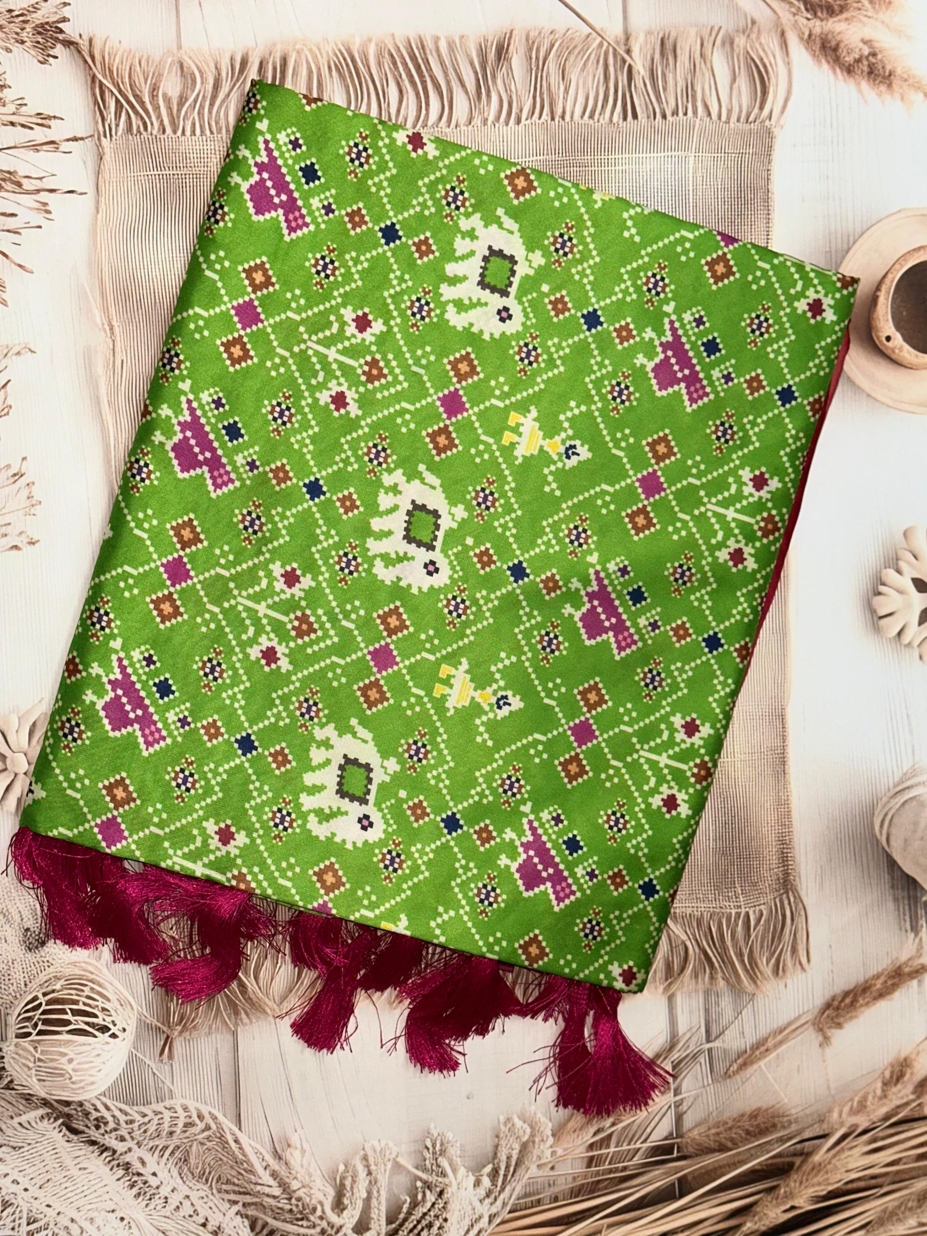 Green Patola Digital Print Saree | Unstitched